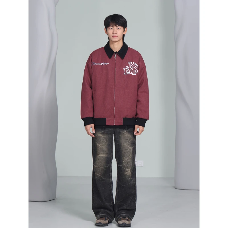JUMPNEXT国潮牌刺绣LOGO基础底特律夹克加棉美式复古水洗拉链外套
