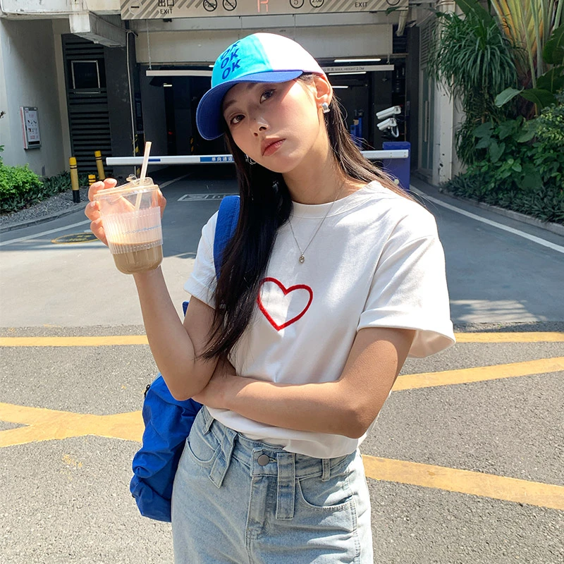 立体爱心刺绣字母T恤女短袖2025夏季流行韩系通勤宽松高级感上衣