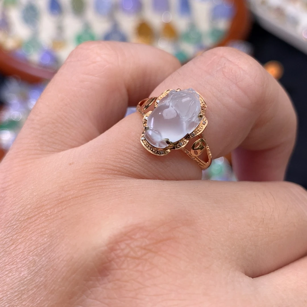 翡翠戒指18K金镶嵌金蟾戒指