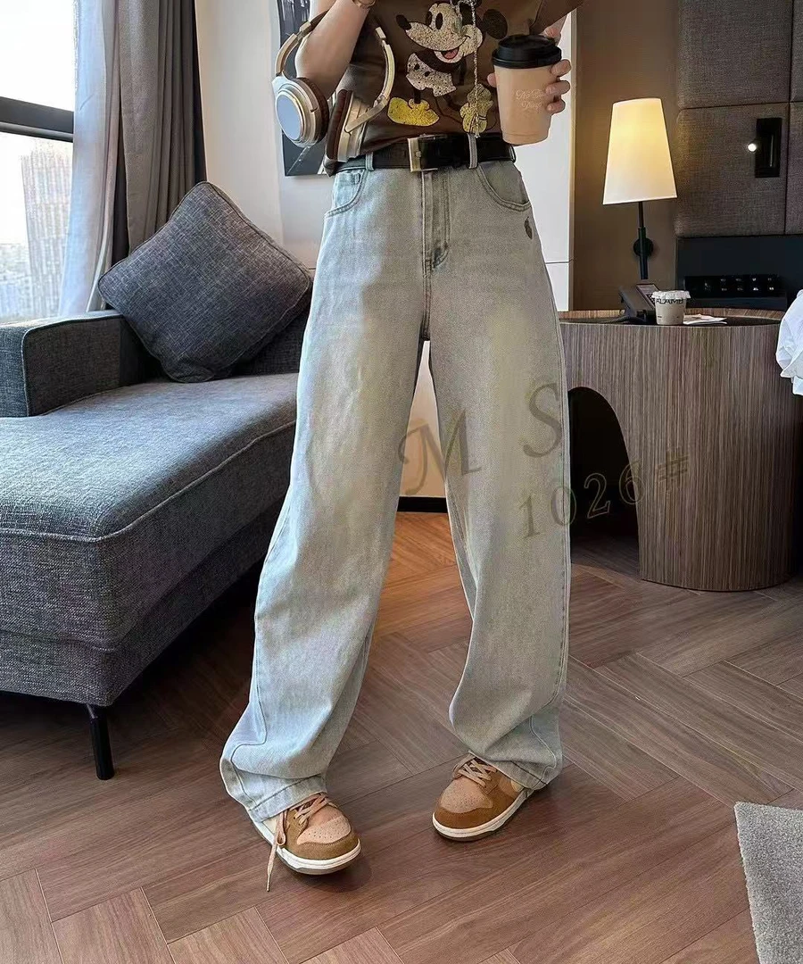 1026复古做旧水洗阔腿牛仔裤女高腰显瘦拖地长裤