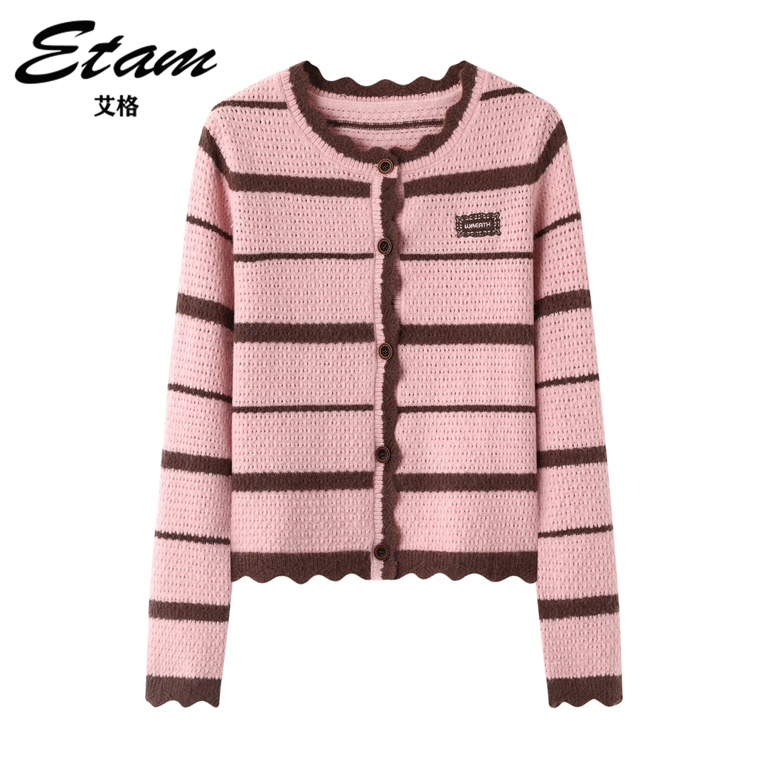 Etam/艾格温柔风减龄撞色条纹针织开衫外套秋季新款正肩长袖毛衣