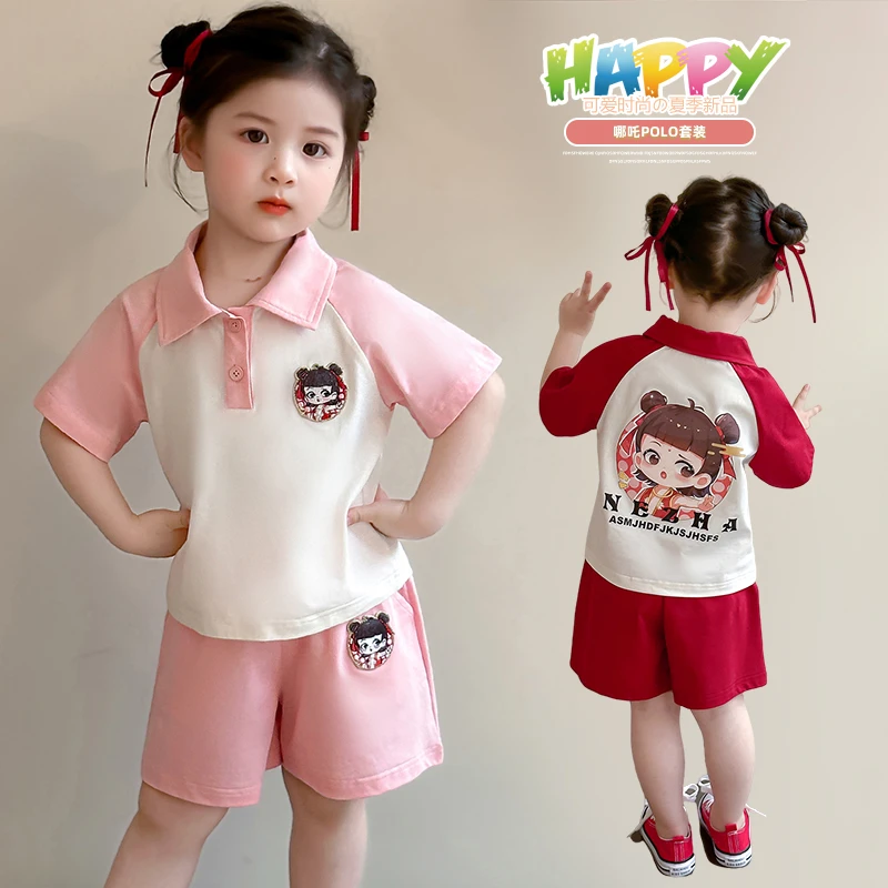 女童夏季卡通动漫短袖哪吒套装新款洋气时髦小女孩宽松休闲两件套