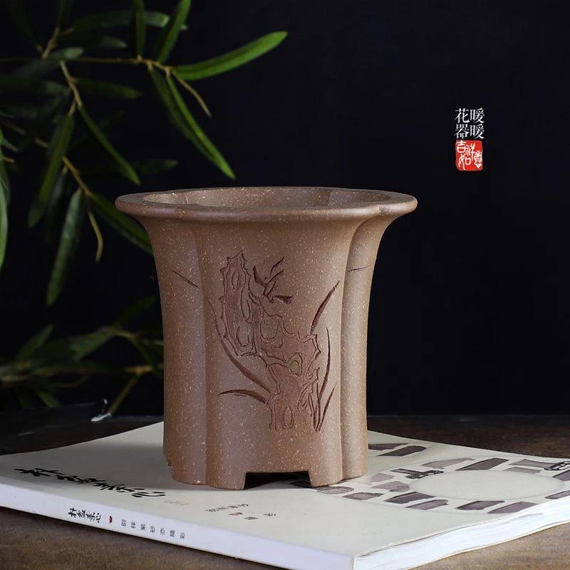 『海棠高瓢口』暖暖精选花盆柴烧紫砂手工刻绘盆景绿植兰花盆小号