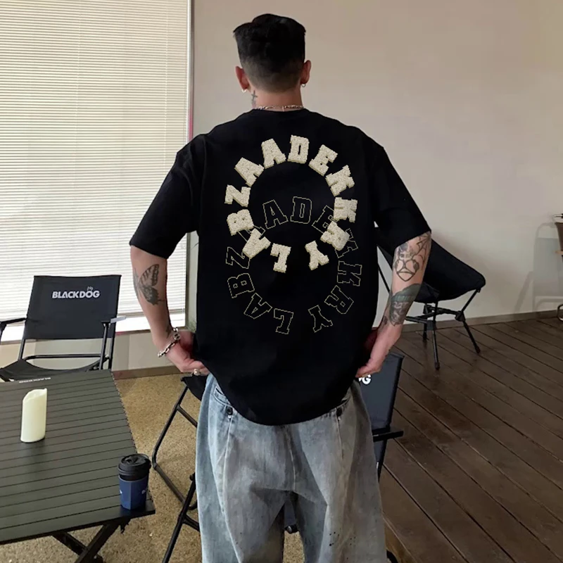 jtrt欧美街头双圈字母印花夏季纯棉T恤男女潮牌嘻哈圆领短袖上衣