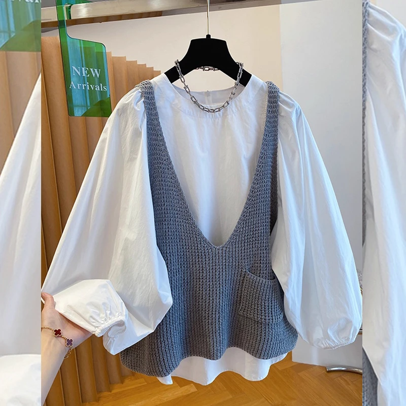 韩系减龄针织背心+长袖衬衫上衣两件套女装春秋新款好看通勤套装