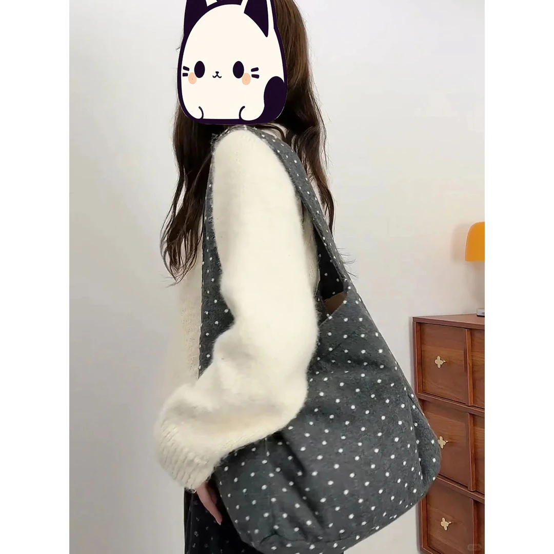 采晨家原创新款格雷系波点毛呢帆布包女2026休闲单肩腋下托特包潮