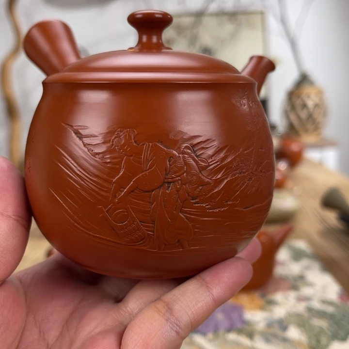 庆***3常滑烧观阳手作白道雕刻茶壶
