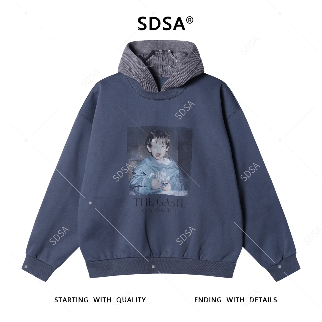 SDSA男士秋冬新款痞帅男装美式人物印花拼接连帽卫衣百搭宽松情侣