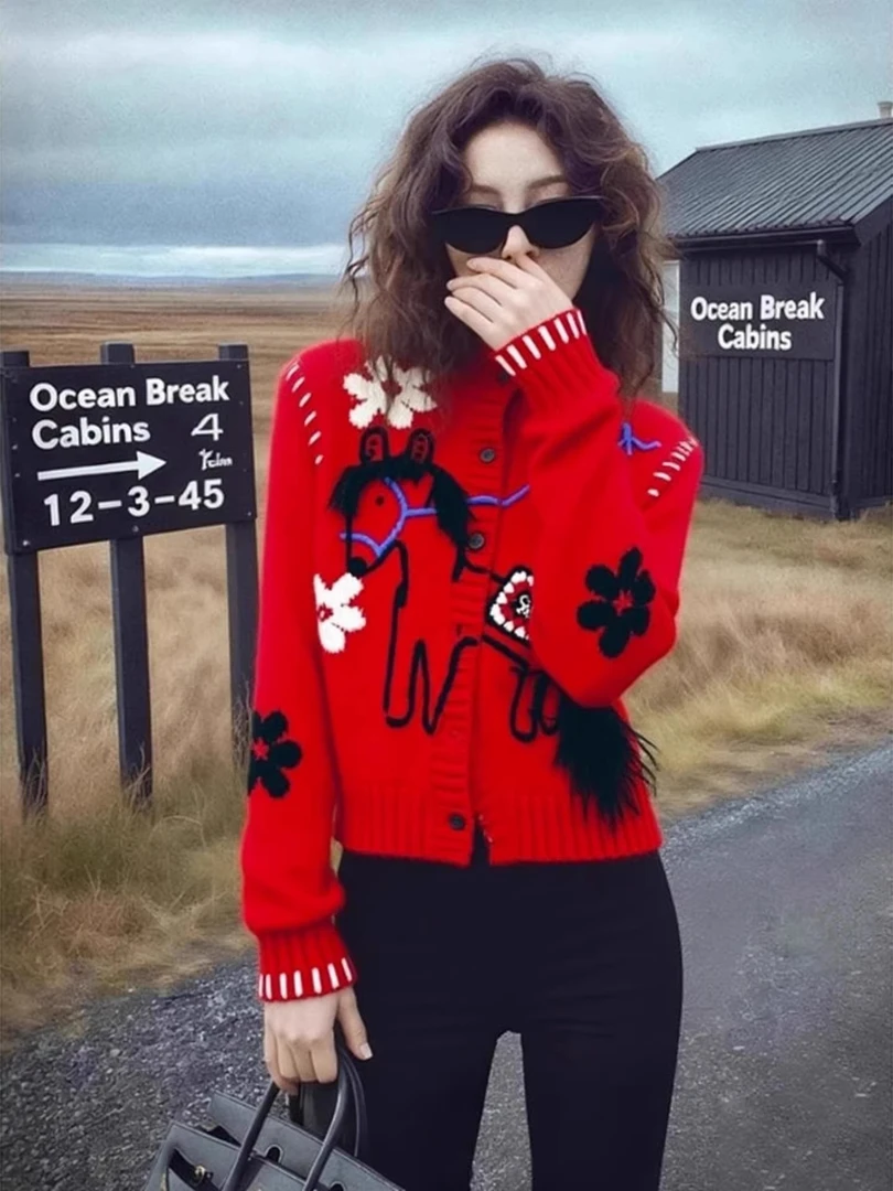 大码爆款红色立体小马毛衣开衫女秋冬新款慵懒风显瘦百搭针织上衣