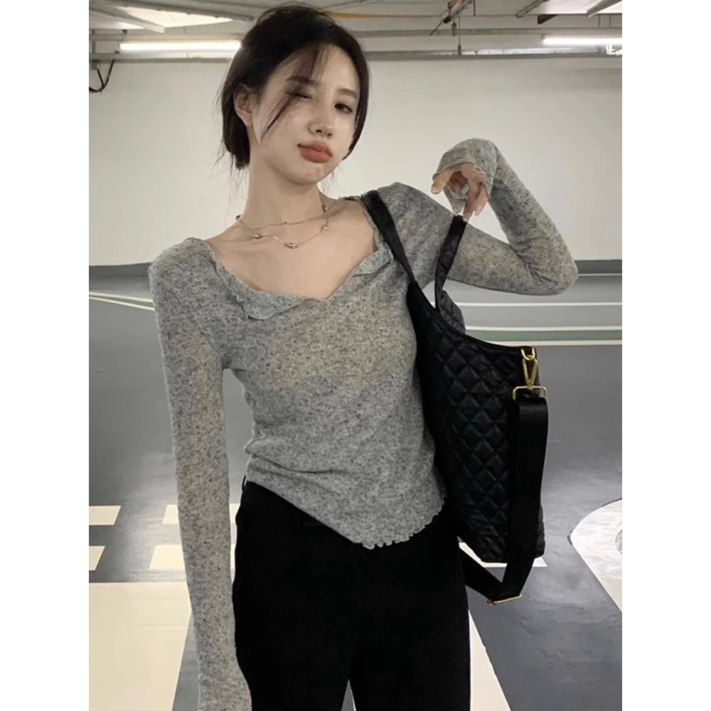 春秋灰色v领长袖t恤女士设计小众修身显瘦辣妹短款打底性感紧身