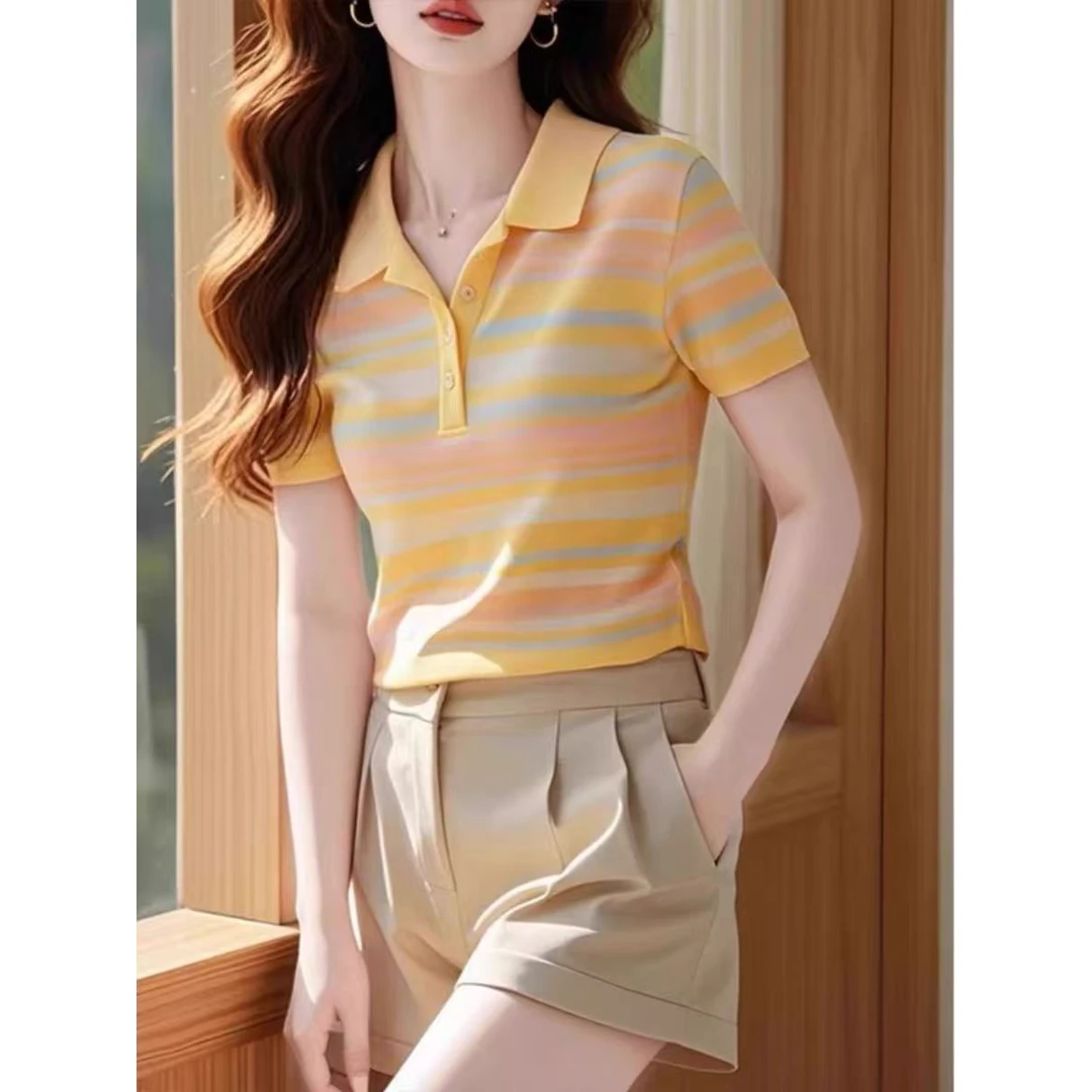 2025夏季新款洋气独特别致设计感小高品质黄色冰丝条纹polo衫t恤