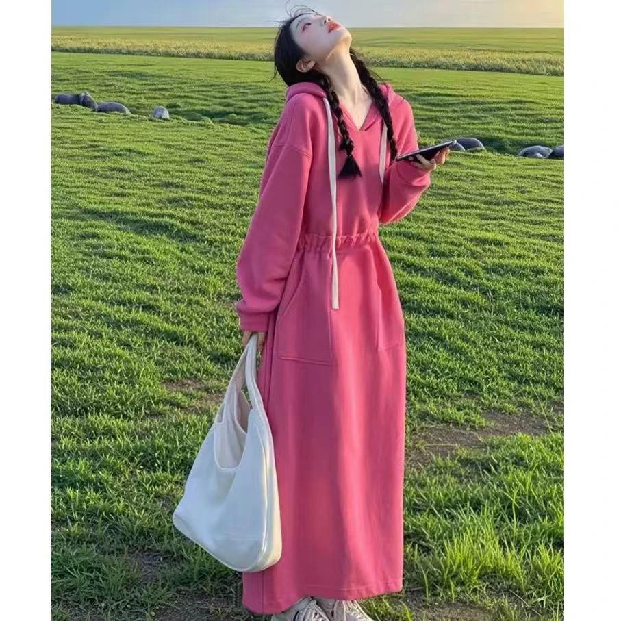 新款2025洋气漂亮独特超好看宽松显瘦粉色连帽卫衣连衣裙