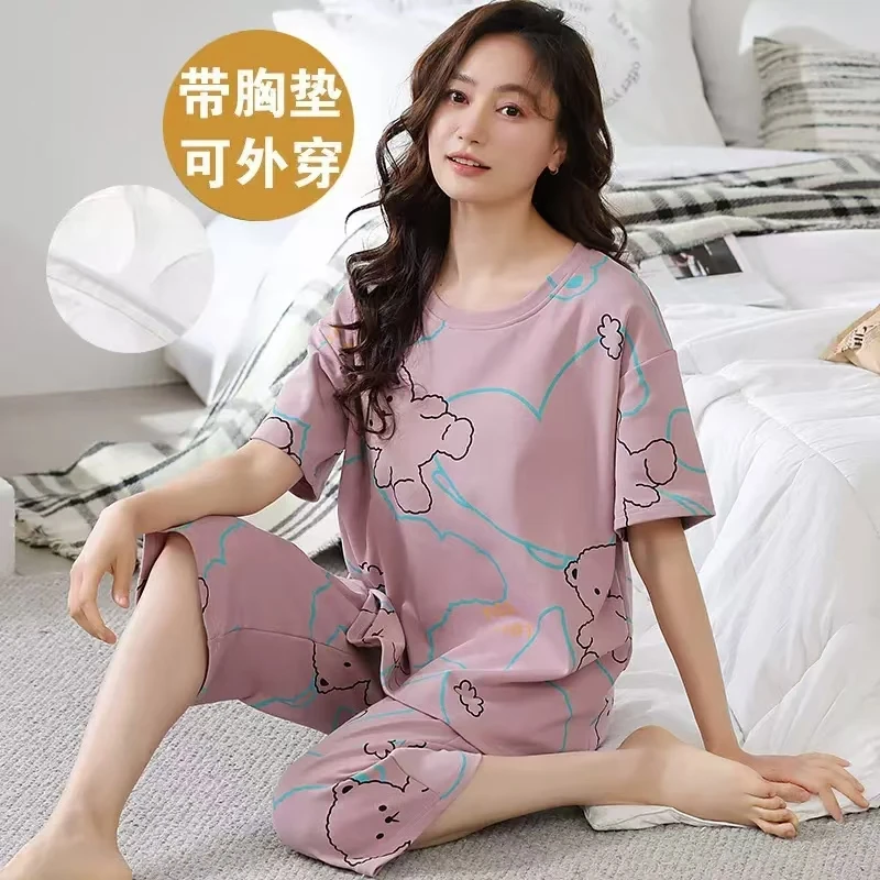 带胸垫夏天网红睡衣女夏季短袖七分裤两件套装薄款免穿文胸家居服