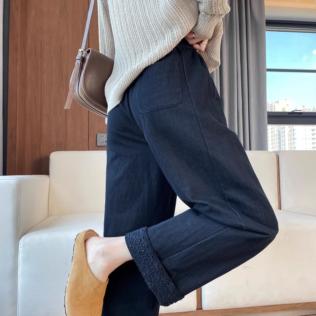 小个子直筒裤女2025春秋爆款高腰显瘦宽松休闲垂感九分花边阔腿裤