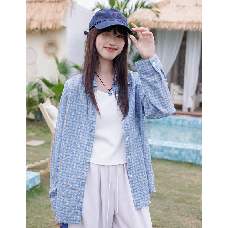 【明星同款】个性撞色肌理格纹长袖防晒衫通勤春夏百搭女装休闲衬衫