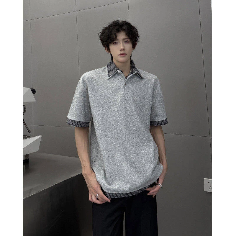 夏季小众假两件拼接格子领polo衫男垫肩短袖T恤韩版重磅半袖t上衣