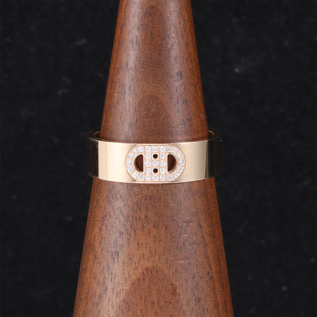 99新 Hermes/爱马仕 小花佳珊381615 猪鼻子 戒指 带钻 玫瑰金 52