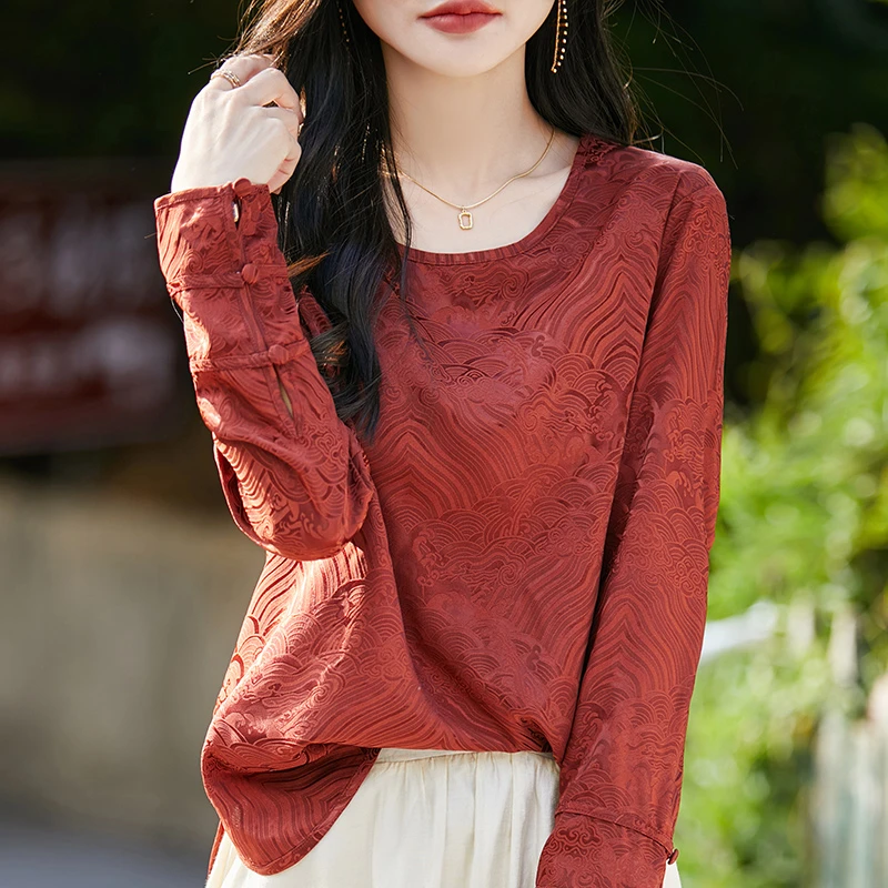 国风新中式醋酸上衣女圆领时尚长袖衬衫复古提花防晒罩衫缎面打底