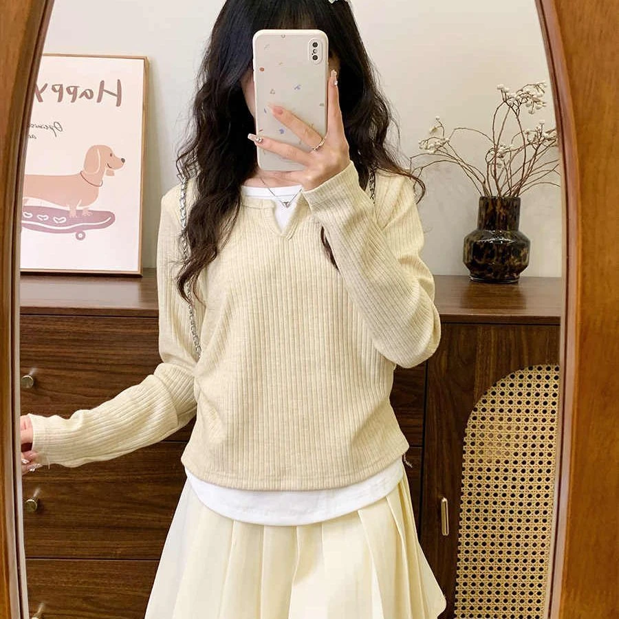 假两件正肩长袖T恤女韩系ins早秋内搭上衣大码胖妹妹显瘦小众设计