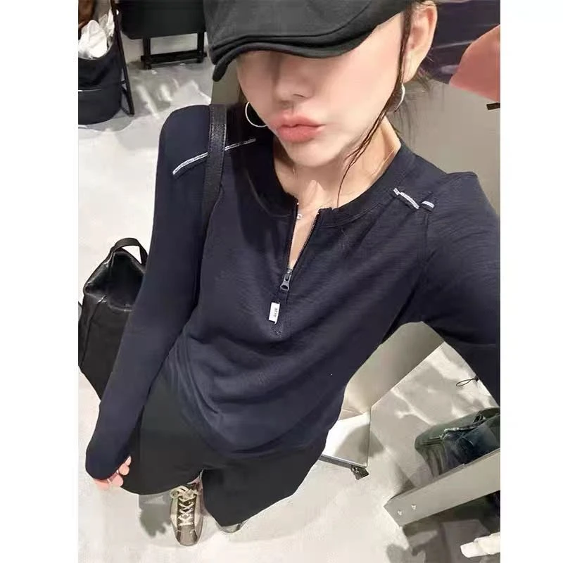 【苏苏精选】25628欧洲站韩系拼接拉链t恤女长袖修身圆领打底衫潮
