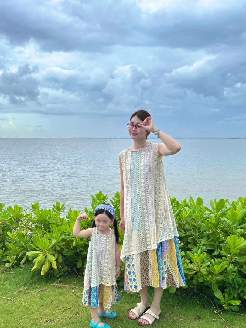 【BLUEXIXI】童装假两件连衣裙民族风女孩人造棉长亲子绵绸2025411