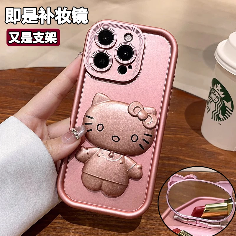 可爱猫咪适用苹果16Promax手机壳新款iPhone15防摔14卡通13补妆镜