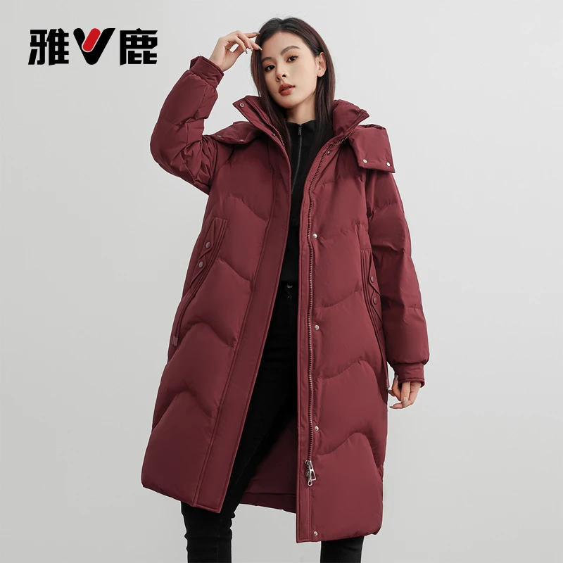 雅鹿运动精品时尚休闲女士连帽保暖户外潮流加厚防风过膝羽绒服