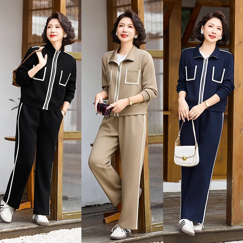 中年妈妈春装时尚休闲运动服套装开衫新款春秋季中老年女士两件套