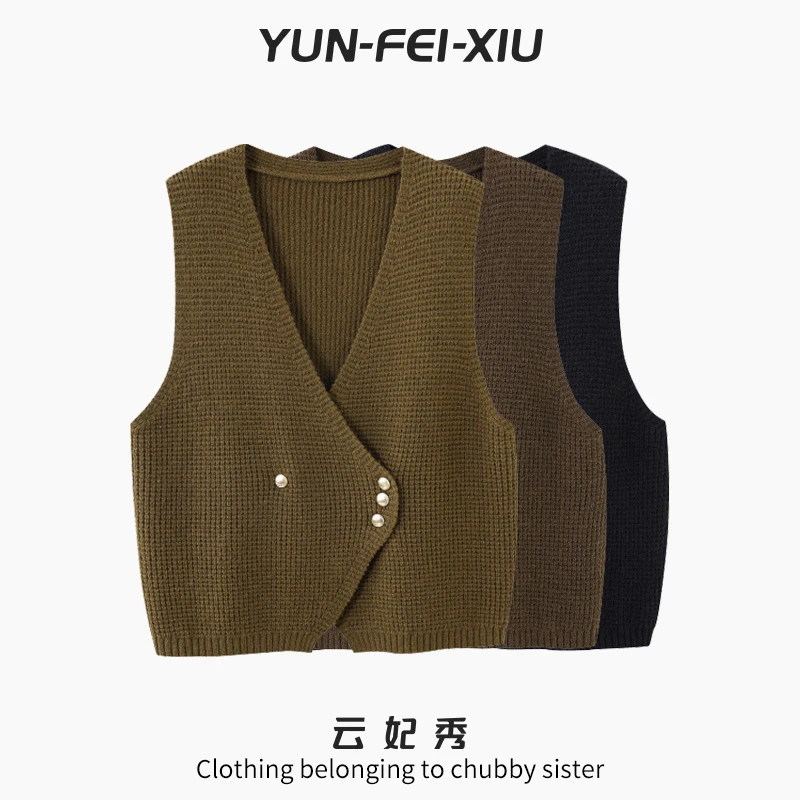 云妃秀大码女装马甲宽松时尚V领休闲简约纯色胖妹妹显瘦秋季71244