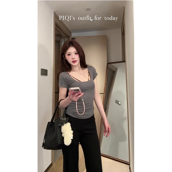 纯欲性感U领修身显瘦褶皱收腰弧形下摆短袖T恤上衣女显瘦长裤套装