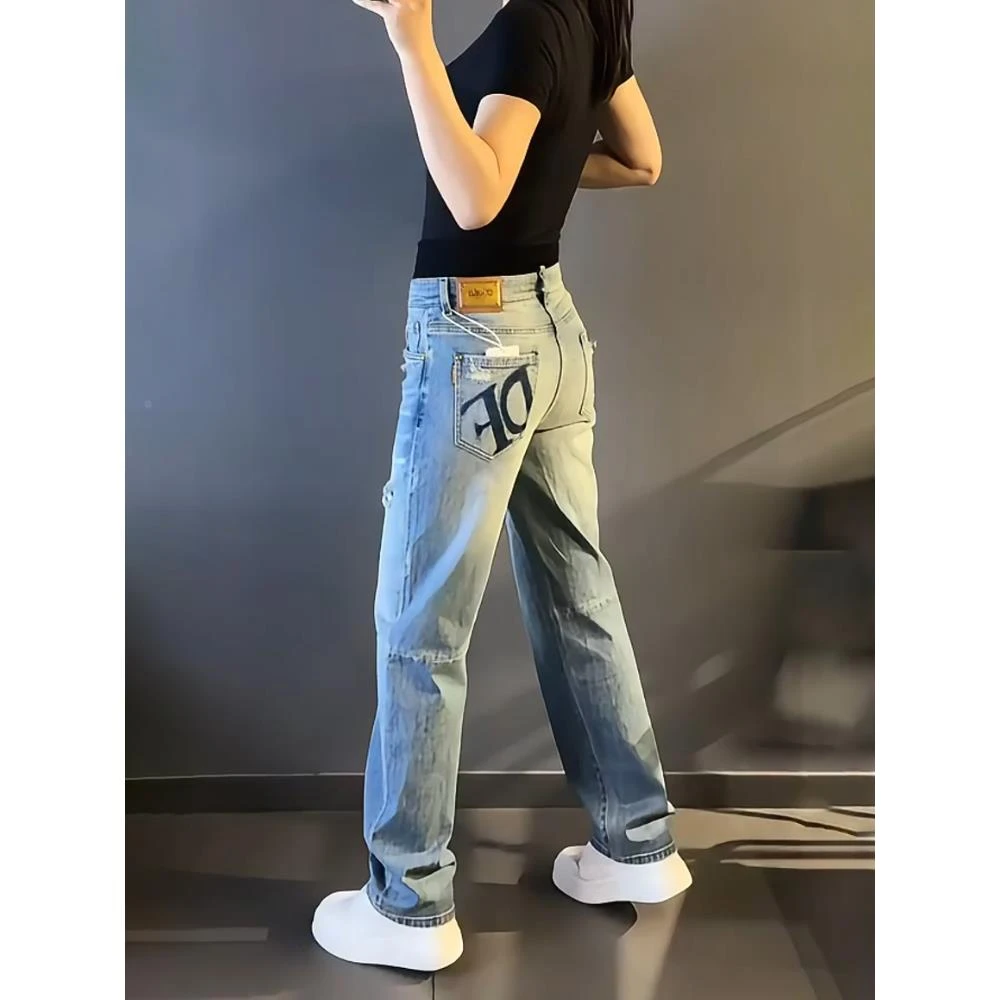 轻奢男装大码潮牌男士设计感小众时尚春秋新款字母阔腿休闲牛仔裤