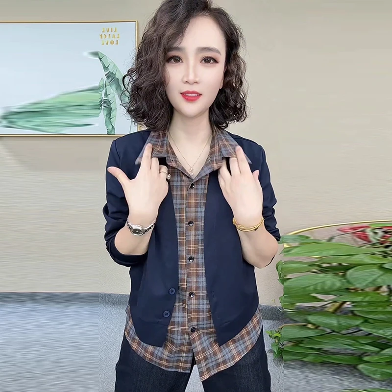 时尚假两件衬衫女2025秋季新款洋气显瘦宽松格子拼接百搭