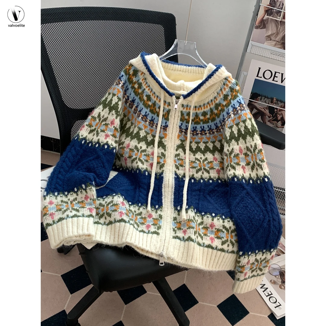 VALVOELITE复古时尚连帽毛衣卫衣外套女秋冬外穿新款宽松慵懒开衫