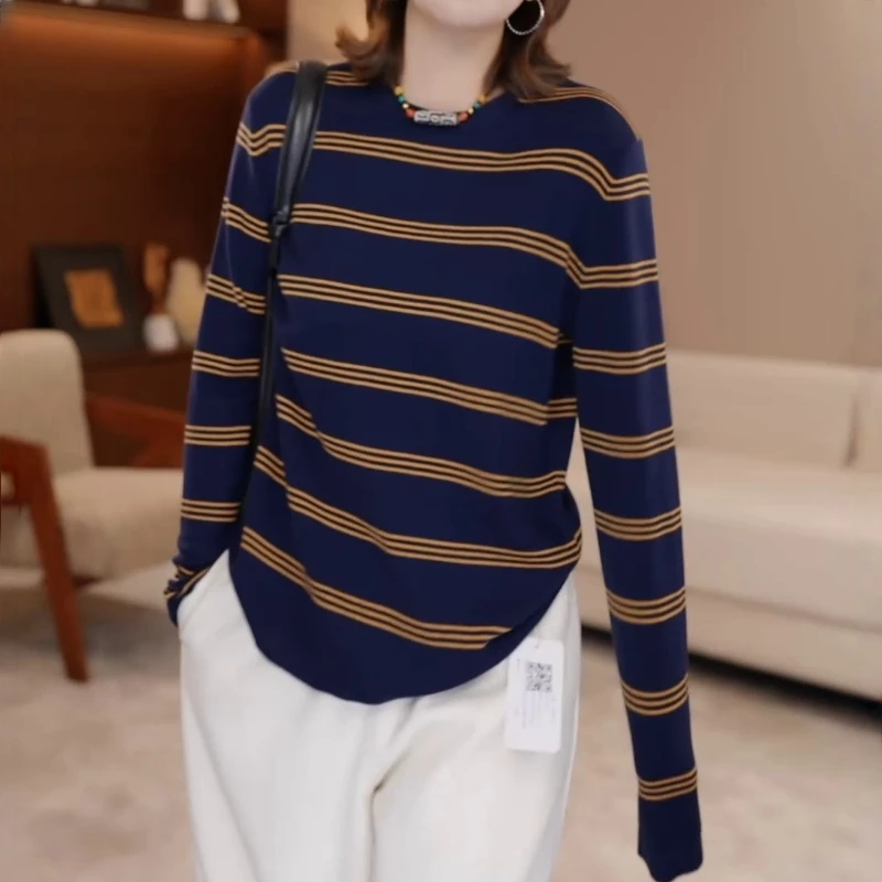 圆领条纹长袖针织衫2025新款秋装洋气宽松毛衣打底衫复古套头T恤
