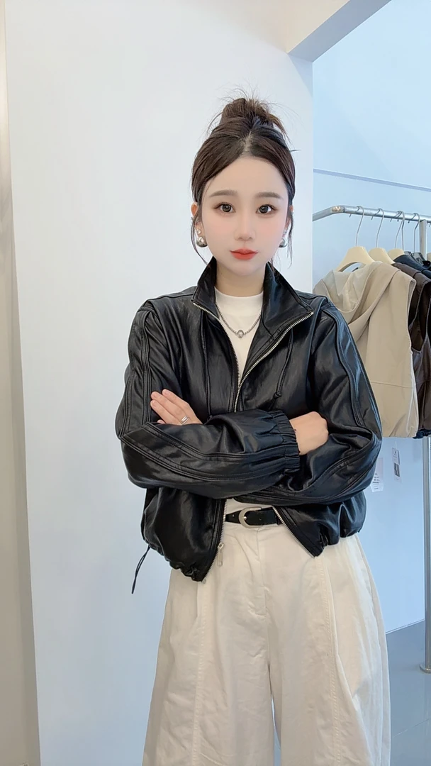 【暖暖专属】2025年皮衣外套女植鞣皮立领短款长袖韩版欧若假日风