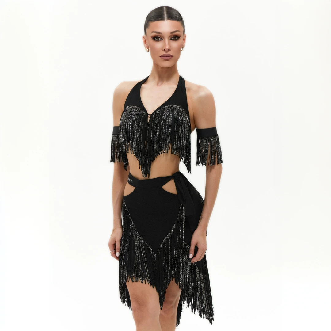 TDANCE拉丁练习服（腰间镂空系带砖条流苏）