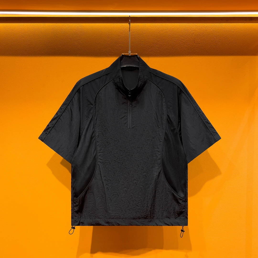 机能风重工小立领半拉链设计感裁剪宽松T恤半袖衬衫短袖衬衫