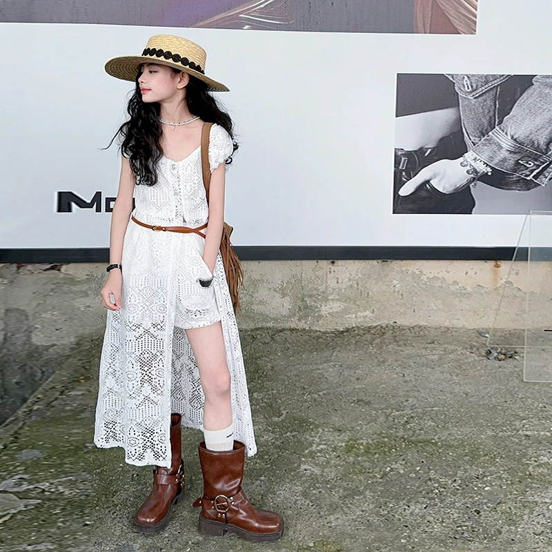 女童夏季连衣裙2025新款中大童蕾丝镂空收腰公主裙女孩夏天套装裙
