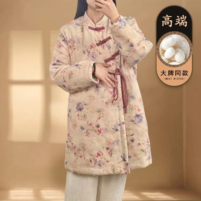 新中式国风盘扣印花夹棉加厚棉服外套女士冬季中长款系带保暖棉衣