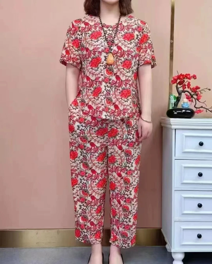 冰麻开叉款透气裸感时尚休闲妈妈套装【有口袋】