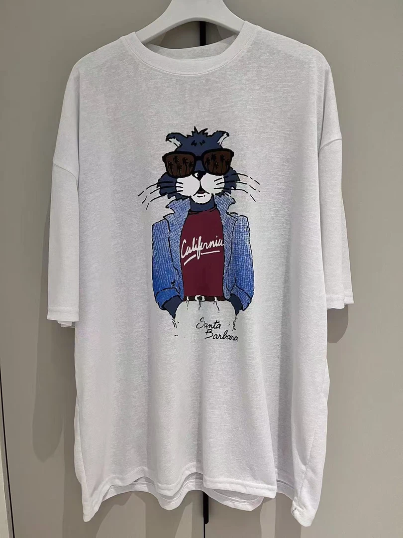 春夏新款复古做旧麻料卡通猫咪休闲百搭短袖T恤女