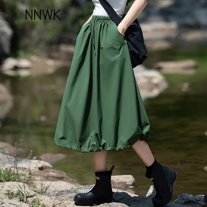 高腰绿色裙子女夏季薄款百褶半身裙女2025新款a字半裙中长工装裙