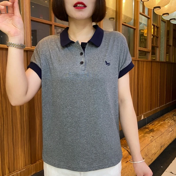 2025夏季新款刺绣撞色小翻领时尚洋气显瘦百搭上衣短袖