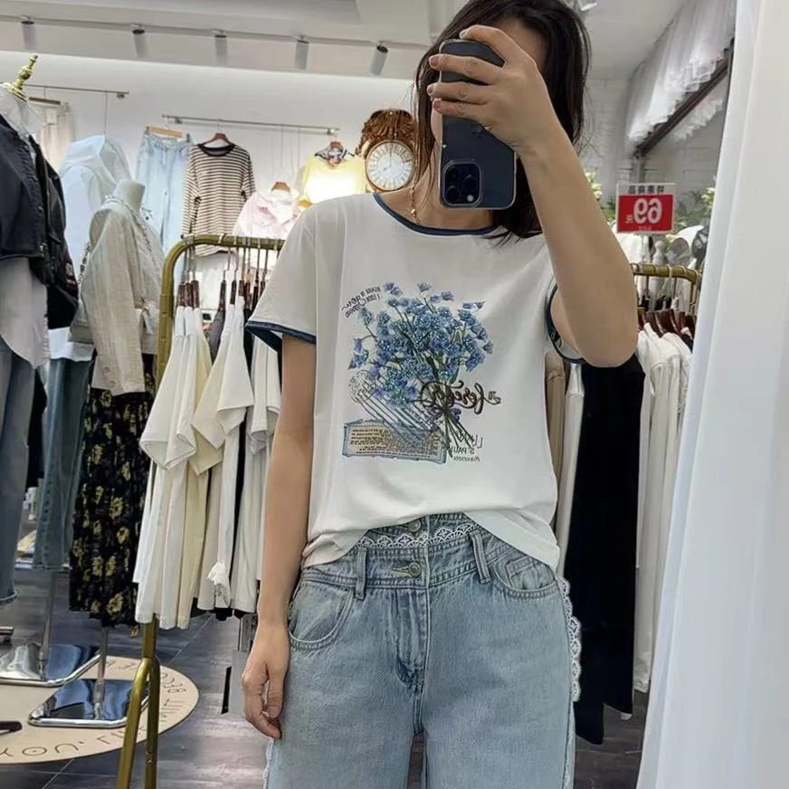 夏季新品圆领田园风短袖T恤打底衫女减龄时尚个性显瘦高档精品潮