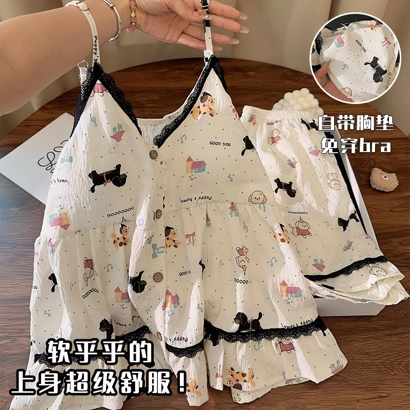 带胸垫睡衣女夏季吊带云朵棉蕾丝花边卡通少女两件套装夏天家居服