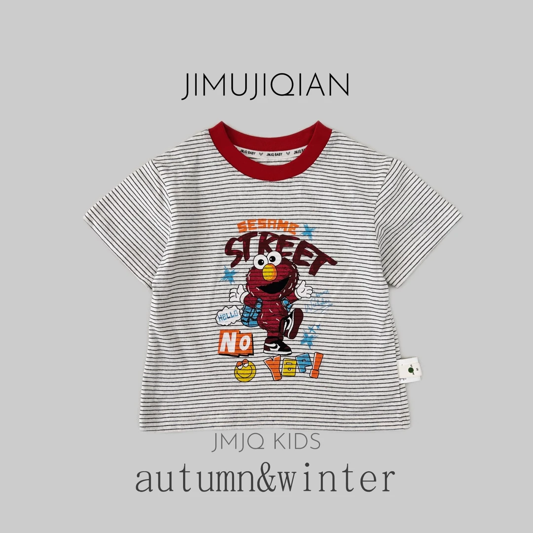 JMJQ夏季中小童韩版亲肤色织条纹芝麻街印花标短袖体恤25232