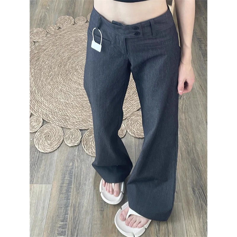 韩版复古低腰灰色西装裤女秋季宽松显瘦肌理感微喇阔腿裤拖地裤子
