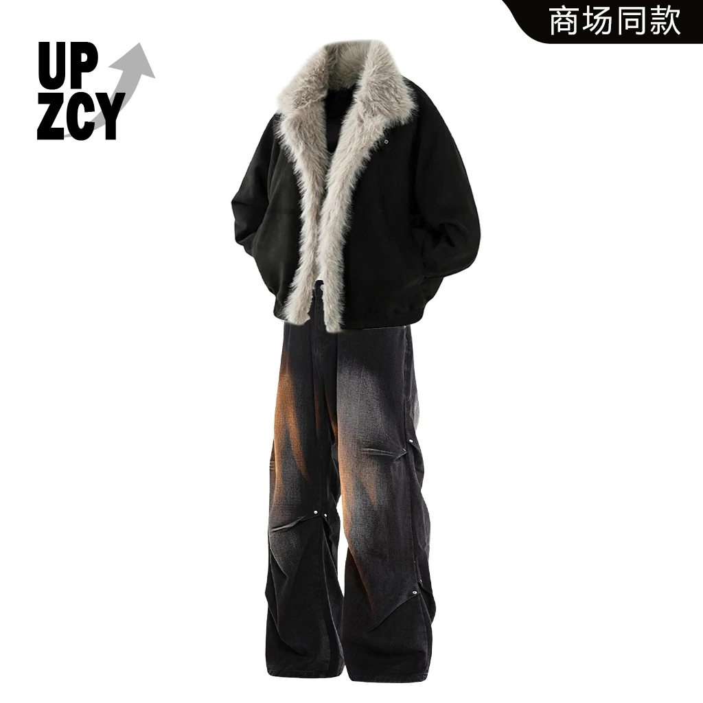 UPZCY美式座山雕棉衣套装男秋冬季铆钉直筒牛仔裤两件套轻奢男装