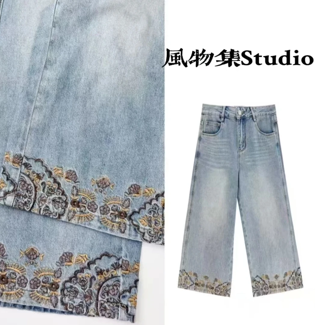 时尚气质刺绣牛仔裤拼接腰头裤腿刺绣花朵百搭八分阔腿裤