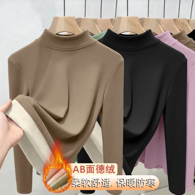 秋冬新款双面加绒半高领打底衫女士大码胖MM加厚长袖修身内搭T恤